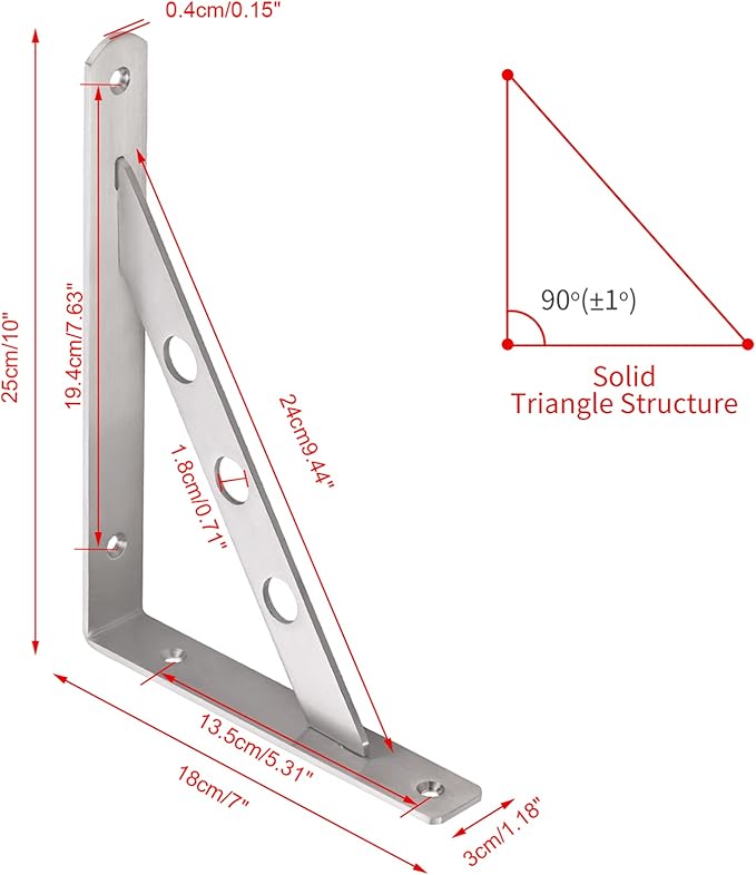 YUMORE Stainless Steel Shelf Bracket 10", Heavy Duty Solid Shelf Support Corner Brace Joint Right Angle Bracket, L Bracket with 2 S Hook, 2 Pack