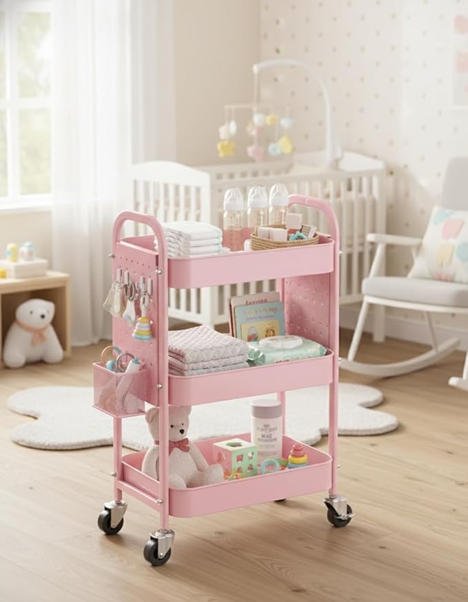 ALVOROG 3 Tier Rolling Cart with DIY Pegboards Metal Utility Cart with Wheels Handles Baskets Hooks, Craft Cart for Office Kitchen Bathroom(Cherry Blossom Pink)