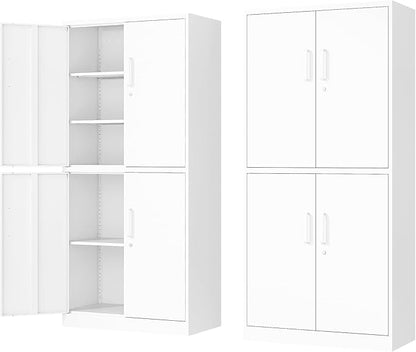71” Metal Storage Lockable Heavy Duty File Cabinet Garage Tool Cabinets with Doors and Shelves-Tall White Steel Cabinet for Garage for Office, Gym, School