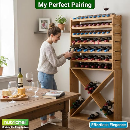 NutriChef Bamboo Wine Rack Freestanding Floor, 8-Tier Wooden Wine Storage Shelf Holds 72 Bottles, Stackable Wine Stand and Wine Holder for Bar, Kitchen, Cabinet, or Cellar Display