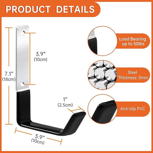 Heavy Duty Steel Garage Hooks,Garage Storage Utility Hooks,Anti-Slip Garage Hooks,Garage Garden Tool Organizer,Steel Wall Mount Hooks, Garden Hose Hanger, Black J Hooks (Large-4PC)