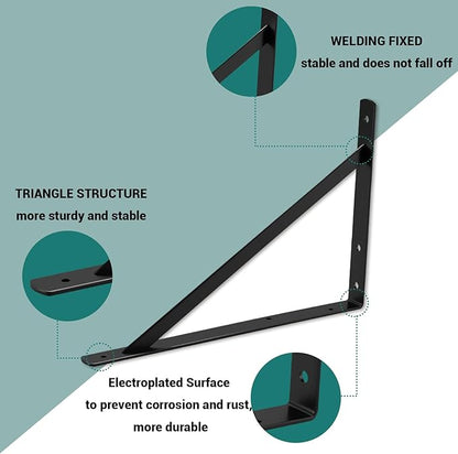 HOME MASTER HARDWARE 16x10 inch Heavy Duty Shelf Brackets, Black Metal Wall Mounted Supports for Shelves, L Shaped Shelf Angle Bracket for Floating Shelves, 6 Pack