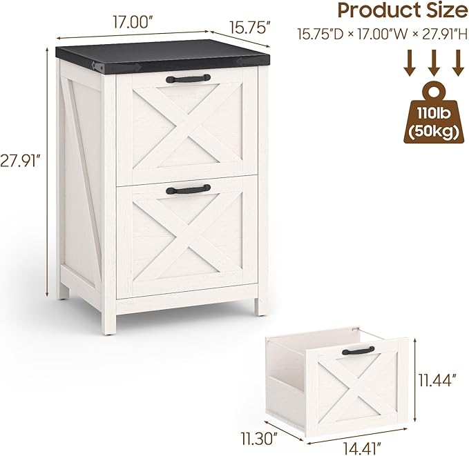 2 Drawer Small File Cabinet, Farmhouse Vertical Filing Cabinet Fits Letter and A4 Size, Under Desk Wooden File Cabinets for Home Office, Printer Stand, White and Black