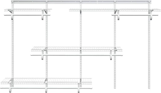 5-8 Ft Closet Organizer System, White Adjustable Custom Metal Wire Shelving Wall Mounted, Expandable Organization and Storage Shelf Kit with Hanging Rods
