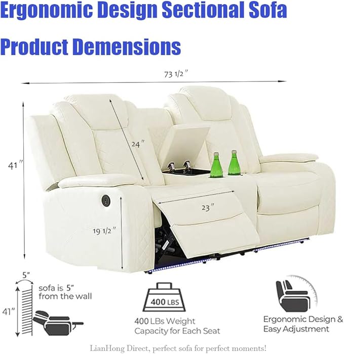 Power Recliner Sectional Sofa Couch and Loveseat, Power Sectional Sofa Sets, Power Recliner Set with LED, Living Room Furniture Sets with Adjustable Angle Chair, Arm Storage & Cup Holders