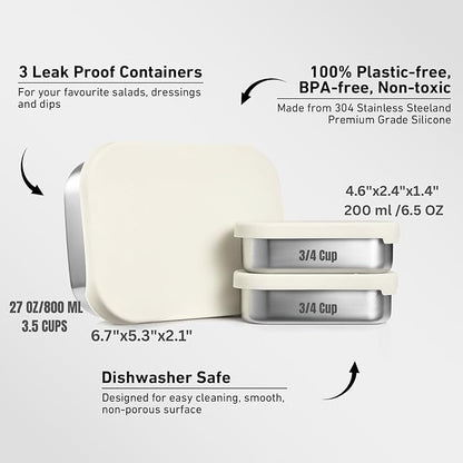 Leak Proof Stainless Steel Lunch Box Containers, Stainless Steel Bento Box, Metal Lunch Box, Sandwich and Snack Containers, SIlicone Lids, Korean Style,Small Vanilla (1 x 27oz + 2 x 6.5 OZ)