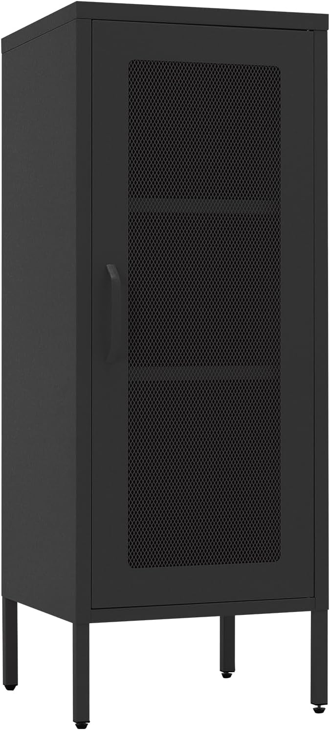 Slim Metal Storage Cabinet with Mesh Doors - 42'' Tall Narrow Organizer Tower, Compact Freestanding Cabinet, Versatile Utility Storage for Home, Office, Bedroom, or Kitchen, Durable and Modern Design