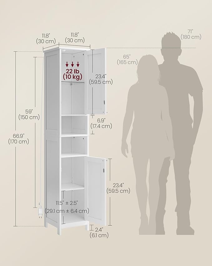 VASAGLE Tall Storage Cabinet with Lights, Slim Freestanding Cabinet with Adjustable Shelves, for Small Spaces, Bathroom, Living Room, Modern, 11.8 Inches Wide, Cloud White UBBC566W02V1