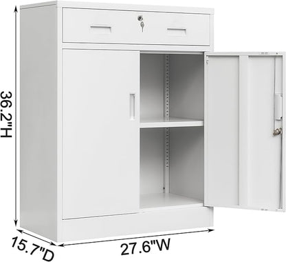 Metal Storage Cabinet, Locking Cabinet with 1 Drawer and Adjustable Shelf, 36" H x 28" W x 16" D Steel Storage Cabinet for Office, Garage, Home-White