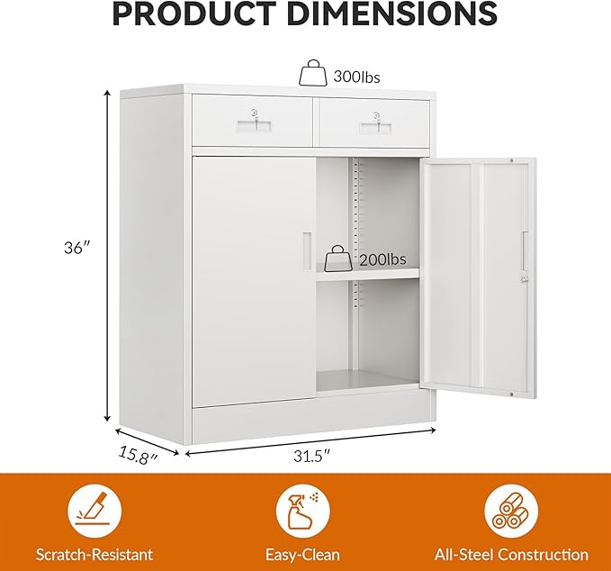 BESFUR Metal Storage Cabinet, Garage Storage Cabinet with 2 Drawers and Adjustable Shelf, Locking Short Storage Cabinet for Office Garage Home, White Metal Cabinets(36" H x 31.5" W x 16" D)