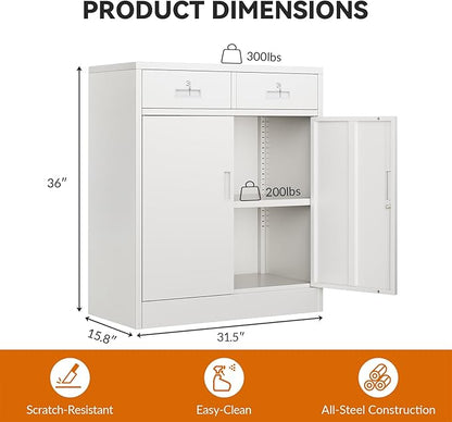 BESFUR Metal Storage Cabinet, Garage Storage Cabinet with 2 Drawers and Adjustable Shelf, Locking Short Storage Cabinet for Office Garage Home, White Metal Cabinets(36" H x 31.5" W x 16" D)