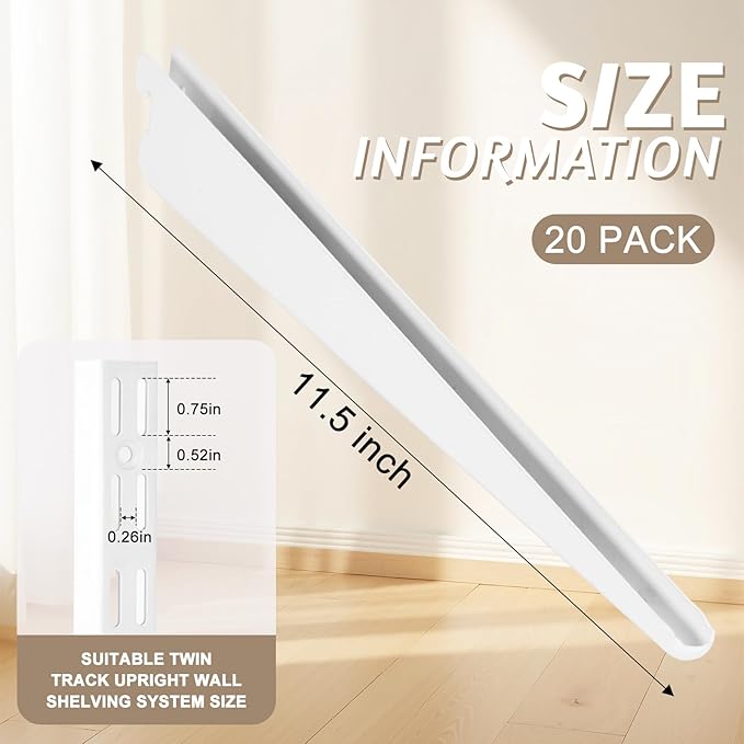 20 Pack Adjustable Wire Shelf Brackets — Heavy-Duty Double-Track Compatible Shelf Supports (White,11.5 Inch)