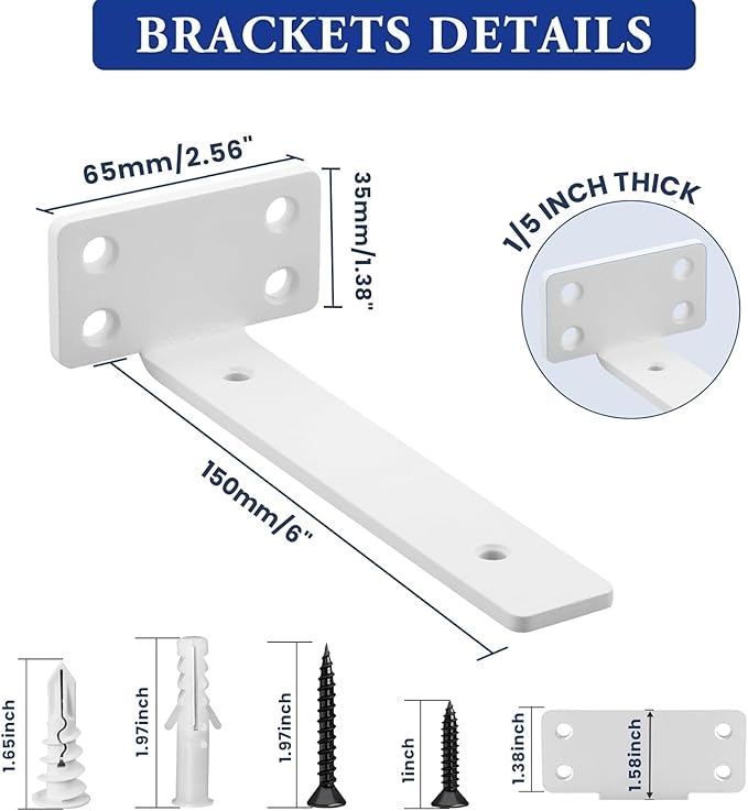 Alise Floating Shelf Brackets White,4 Pcs L Brackets for Shelves,6'' Hidden Invisible Shelf Brackets,1/5" Inch Thick Heavy Duty Metal Wall Shelf Support Corner Brackets for Home and DIY Mounting Shelf