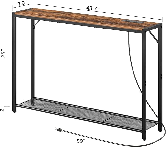 Sofa Table with Power Outlet, 43.7" Console Table with USB Ports, Behind Couch Table, Entryway Table for Living Room, Hallway, Foyer, Metal Frame, Adjustable Feet, Rustic Brown CTHR11E01Z1N1