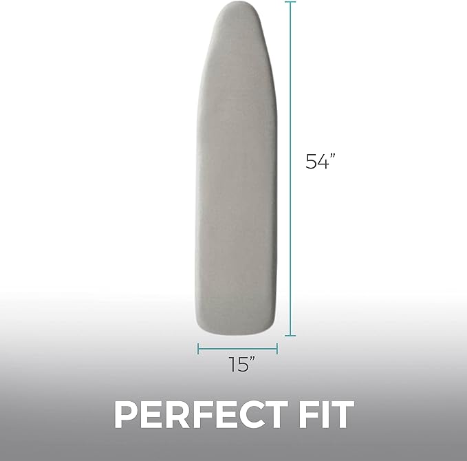 HOME GENIE Ironing Board Cover, Extra Thick Padding, Scorch Resistant Silicone Coating, 15x54 Full Size, Elastic Edge Heavy Duty Iron Pad Covers Standard Boards, Hook and Loop Fastener Strap, Silver