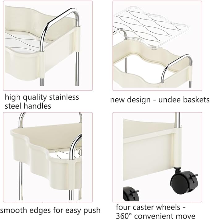 2 Tier Utility Rolling Cart with Wheels Under Desk Storage Cart Organizer with Handle for Home Kitchen Bathroom Office Organization White
