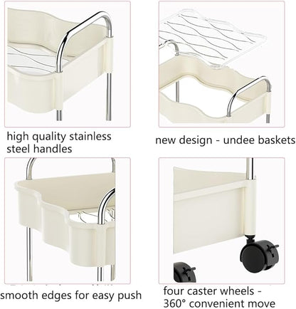 2 Tier Utility Rolling Cart with Wheels Under Desk Storage Cart Organizer with Handle for Home Kitchen Bathroom Office Organization White