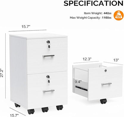 VINGLI 2 Drawer File Cabinet with Lock, Wood Grain White File Cabinets for Letter Size File Folders with Tabs, Mobile Under Desk Filing Cabinets for Home Office, Rolling Filing Cabinet Printer Stand