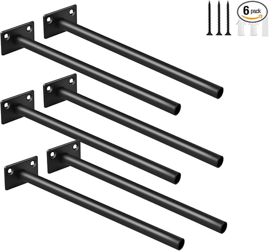 6 Pcs 8" Black Steel Floating Shelf Bracket Blind Shelf Supports - Hidden Brackets for Floating Wood Shelves - Concealed Blind Shelf Support – Screws and Wall Plugs Included