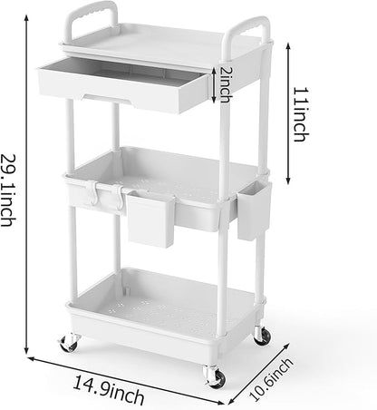 3 Tier Rolling Utility Cart with Drawer, Plastic Storage Organizer Rolling Carts with Wheels Handles Hanging Cups Hooks for Office, Bathroom, Kitchen,Craft Art Room (White)