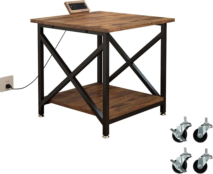 Large Printer Stand with Power Outlet, with Storage Shelf, 2 Tier Rolling Printer Cart with Industrial Wheels, 23.6 x 23.6 Inches Printer Table for Home Office,Rustic Brown
