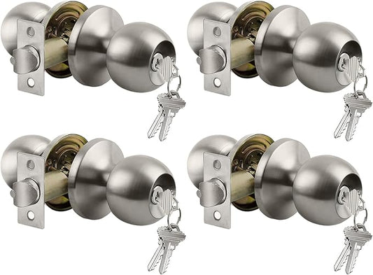 BESTTEN 4 Pack Door Knob with Lock and Key, Keyed Different Entry Door Knob, for Entrance and Front Door, Satin Nickel