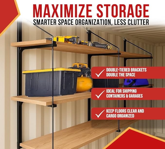 Mytee Products 2 Pack of 3 Tier Shipping Container Shelving Bracket with 18"(D) x 60"(H) - Black Powder Coated Steel Shelf Brackets for Heavy Duty Trailer Containers - Easy to Assemble & Remove
