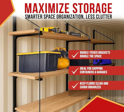 Mytee Products 2 Pack of 3 Tier Shipping Container Shelving Bracket with 18"(D) x 60"(H) - Black Powder Coated Steel Shelf Brackets for Heavy Duty Trailer Containers - Easy to Assemble & Remove