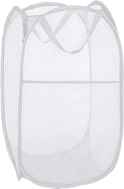 BATTOO Deluxe Strong Mesh Pop up Laundry Hamper Basket with Side Pocket for Laundry Room, Bathroom, Kids Room, College Dorm or Travel White