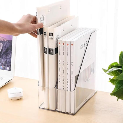 4 Pack Vertical File Holder Clear PET Desk Organizer and Storage Bins Holding for Magazines Binders Notebooks Envelopes File Organizer for Desk Multi-purpose Plastic Document Organizer Work Desktops