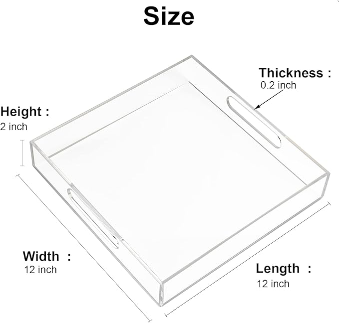 Acrylic Serving Tray 12x12 Inch, Clear Rectangular Tray with Handle, Decorative Ottoman Organizer for Appetizer, Breakfast, Coffee Table, Countertop, Bathroom