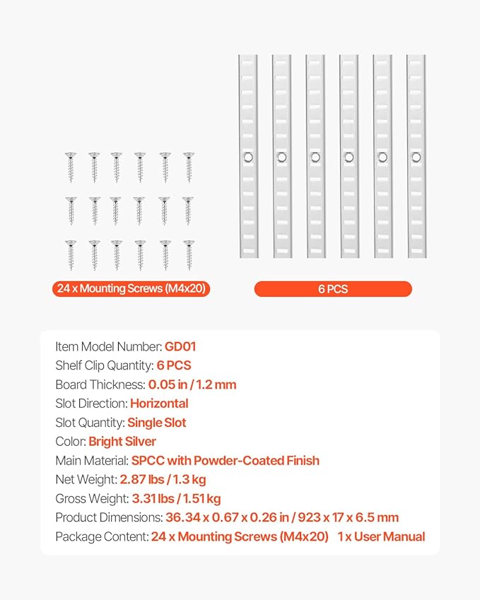 VEVOR Shelf Pilaster, 36.3-inch 6 Pack, Adjustable Shelf Brackets Steel Mortise Mount Pilaster Strip Standards with 24 Screws, Suitable for Wall Shelving System Cabinet Closet Organization