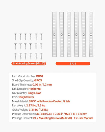 VEVOR Shelf Pilaster, 36.3-inch 6 Pack, Adjustable Shelf Brackets Steel Mortise Mount Pilaster Strip Standards with 24 Screws, Suitable for Wall Shelving System Cabinet Closet Organization