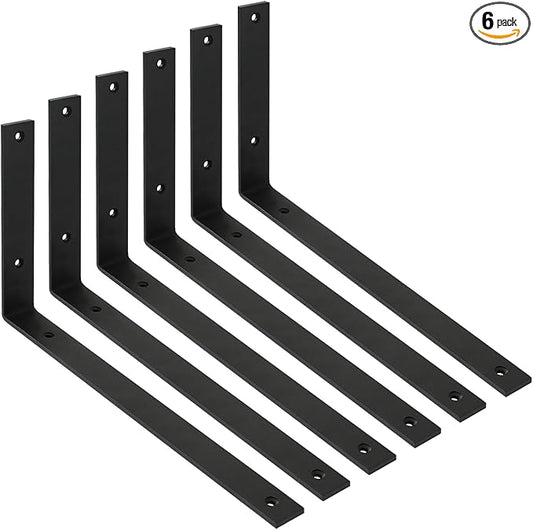 WINKER Shelf Bracket 6 Pack 14" Lx8 Hx1.5 W 5mm Thick Heavy Duty Black 14 Inch Metal Iron L Brackets for Wall Shelves