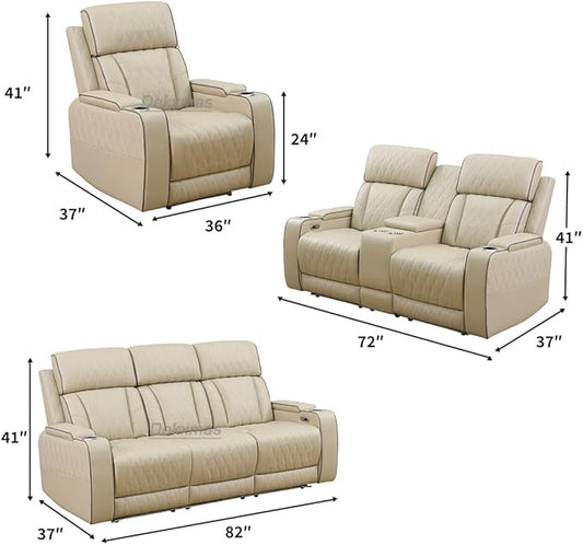 Power Reclining Sofa Set, Beige Breathing Leather Sectional, Living Room Furniture Sets 2PCS Power Recliner Sofa and Chair with Cup Holder/LED Light/USB Port for Living Room, Apartment, Office
