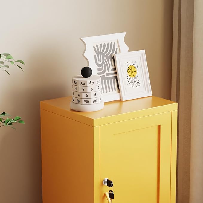 ALBAD Metal Nightstand with Lockable Cabinet, Compact Mini Locker Bedside Table for Kids & Adults, Modern Steel Side Table for Bedroom, Dorm, or Living Room (Yellow)
