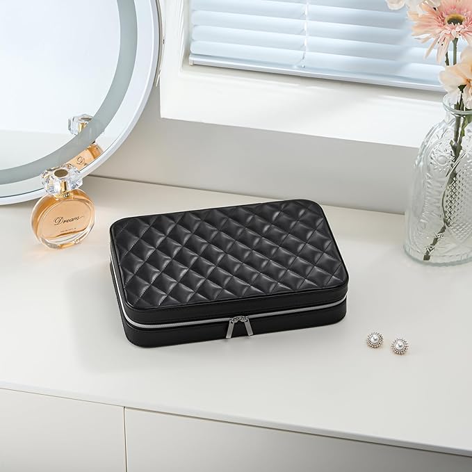 Lolalet Travel Jewelry Case for Women Girls, Travel Jewelry Organizer Box with Mirror & Clear Storage Bag, Small Portable Earring Necklace Bracelet Ring Case, Birthday Valentine Gifts -Large, Black