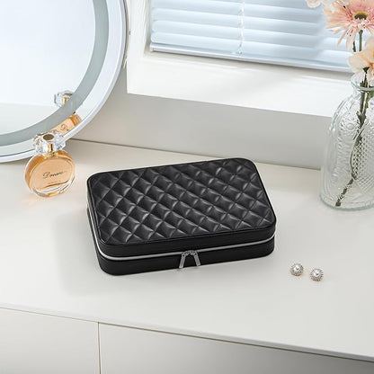 Lolalet Travel Jewelry Case for Women Girls, Travel Jewelry Organizer Box with Mirror & Clear Storage Bag, Small Portable Earring Necklace Bracelet Ring Case, Birthday Valentine Gifts -Large, Black