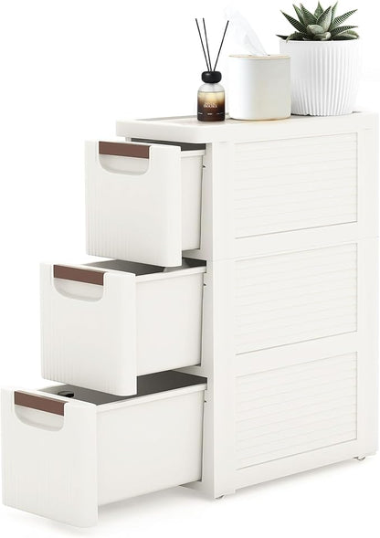 3 Drawers Narrow Storage Cabinet, Slim Bathroom Storage Cabinet, Plastic Rolling Cart Organizer for Small Spaces, Laundry, Office, Home, White