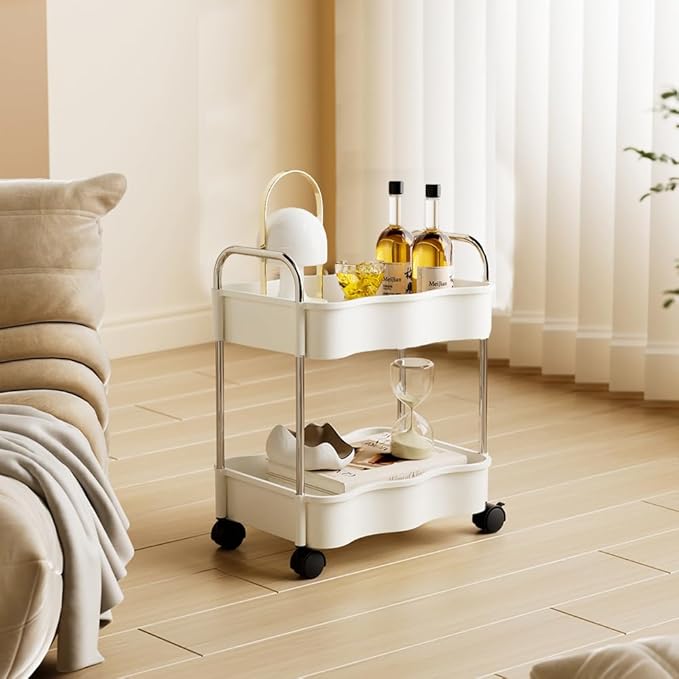 2 Tier Utility Rolling Cart with Wheels Under Desk Storage Cart Organizer with Handle for Home Kitchen Bathroom Office Organization White