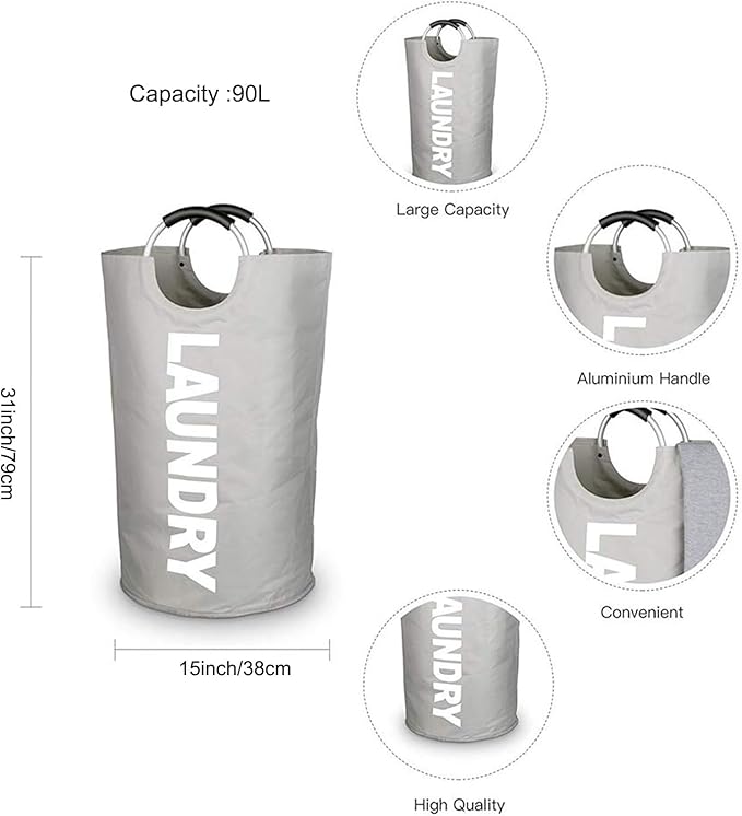 Mziart 90L Large Collapsible Laundry Hamper Laundry Basket with Alloy Handles for College, Camping and Home, Heavy Duty and Durable Thicken Foldable Clothes Storage Washing Bag (Grey)
