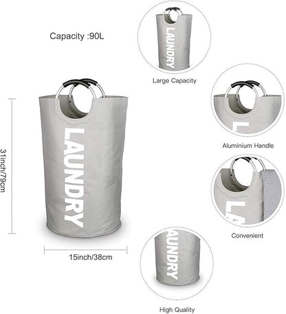 Mziart 90L Large Collapsible Laundry Hamper Laundry Basket with Alloy Handles for College, Camping and Home, Heavy Duty and Durable Thicken Foldable Clothes Storage Washing Bag (Grey)