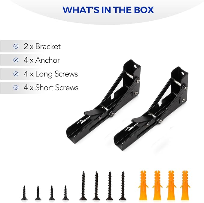 Ravinte 2 Pack 6 Inch Folding Shelf Brackets – Matte Black, Heavy Duty Collapsible Brackets for Tables and Benches – Space-Saving Design