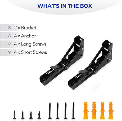 Ravinte 2 Pack 6 Inch Folding Shelf Brackets – Matte Black, Heavy Duty Collapsible Brackets for Tables and Benches – Space-Saving Design