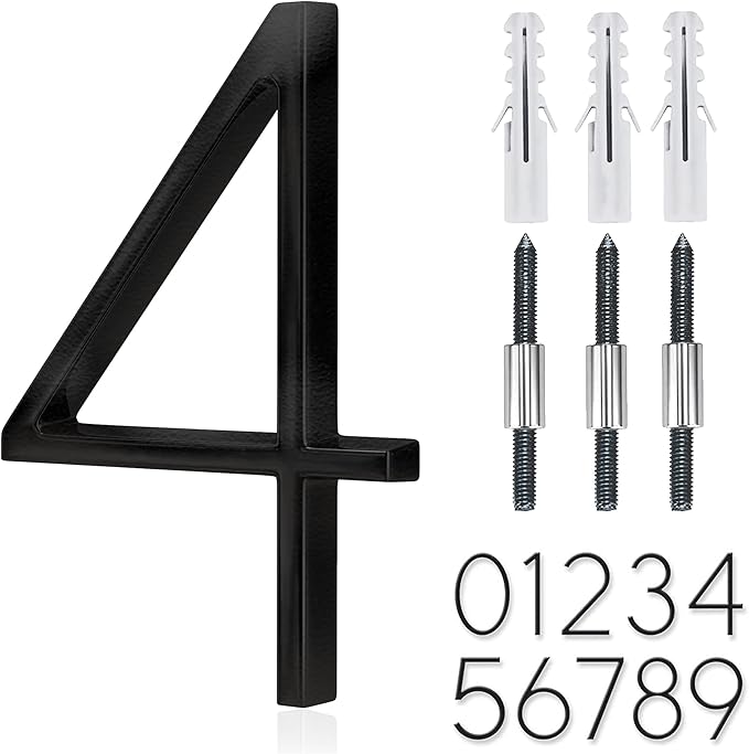 5" Stainless Steel Floating House Number, Metal Modern House Numbers, Garden Door Mailbox Decor Number with Nail Kit, Coated Black, 911 Visibility Signage (4)