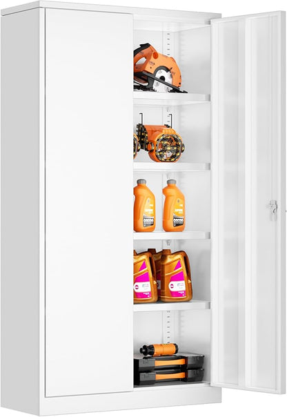 Bonusall Metal Garage Cabinets with 2 Door and 4 Shelves, Locking Cabinet with for Storage，Tall Garage Storage Cabinets for Home Office, Warehouse，School(White)