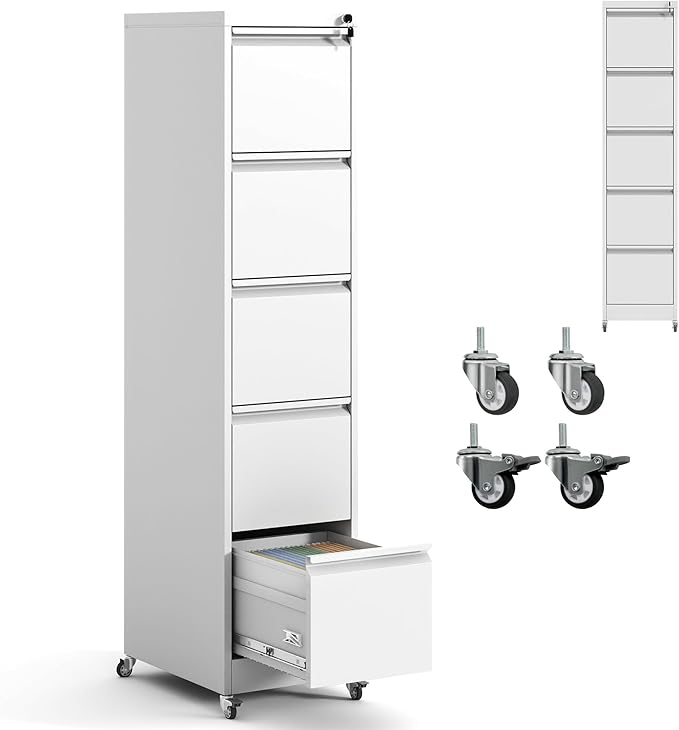 5 Drawer Mobile File Cabinet with Lock,White Metal Filing Cabinets with Wheels,Vertical File Cabinet for Home Office,Heavy Duty Storage Cabinet for A4/Letter/Legal Size File,Assembly Required