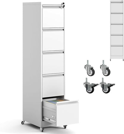 5 Drawer Mobile File Cabinet with Lock,White Metal Filing Cabinets with Wheels,Vertical File Cabinet for Home Office,Heavy Duty Storage Cabinet for A4/Letter/Legal Size File,Assembly Required