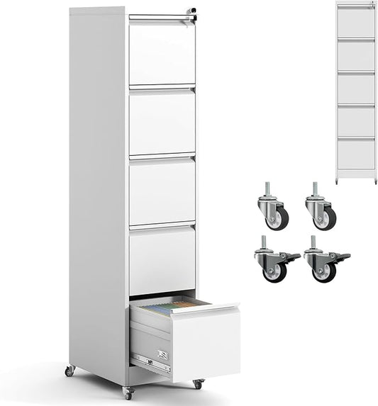 5 Drawer Mobile File Cabinet with Lock,White Metal Filing Cabinets with Wheels,Vertical File Cabinet for Home Office,Heavy Duty Storage Cabinet for A4/Letter/Legal Size File,Assembly Required