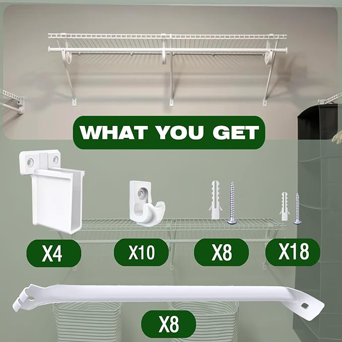 8 Pcs 12 Inch Wire Shelf Brackets, Metal Support Brackets with 10 Wire Shelf Clips and 4 End Brackets, Wire Closet Support Shelving for Closet Shelves Racks and Wardrobe